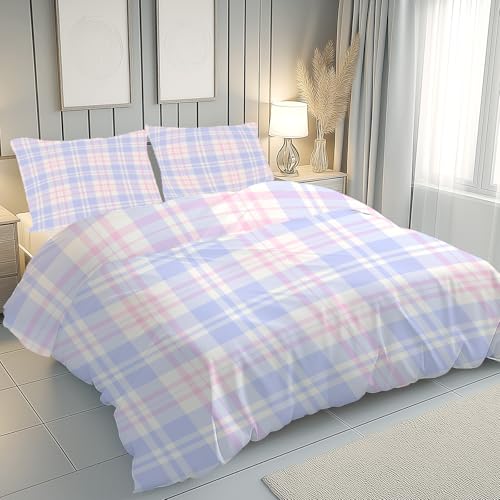 Housse de couette 240x260 microfibre plaid géométrique avec fermeture éclair