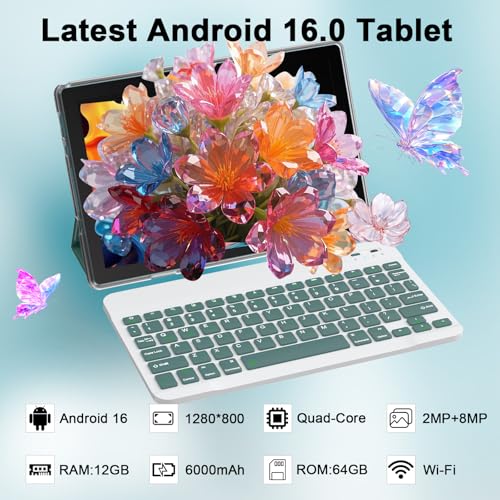 Image of Tablet Android 16 10 Inch 12GB RAM+64GB ROM / 1TB Expandable, 1280 * 800 HD Touch Screen, 5G WiFi6 BT 5.0, 2 in 1 Tab with Keyboard Case Mouse Stylus(Navy Blue)