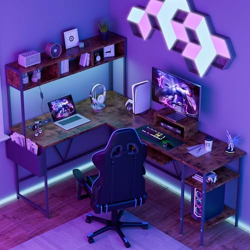 image for Homall L Shaped Gaming Desk with Power Outlets&LED Lights, Reversible 