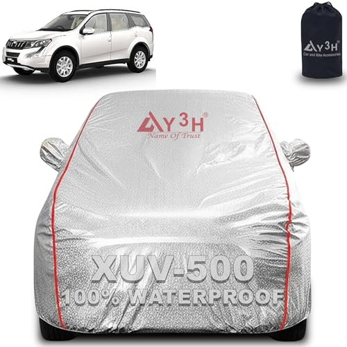 Image of 100% Waterproof Car Cover Compatible with Mahindra Xuv 500 | All Weather, Dust Proof, UV Protective with Mirror Pocket (Silver Magic)