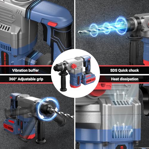 Akku Bohrhammer Professional 2x 4.0Ah Akku, Bürstenloser Motor, SDS Plus, Schlagenergie 2.3J Anti-Vibrationsgriff, 1300W, Maximaler Bohrendurchmesser 30 mm – Bild 6
