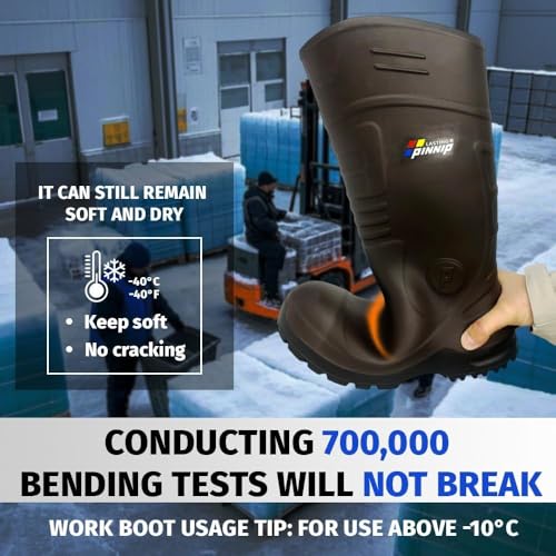 Image of Mens Steel-Toe Durable PU Rubber Work Boots - Waterproof Anti-Slip ASTM F2413-24 | Acid Oil Resistant Shank Mud Rain Hunting Boots