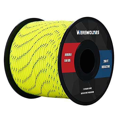 Werewolves Reflective 550 Paracord - 100% Nylon, Rope Roller, 7 Strand Utility Parachute Cord For Camping Tent, Outdoor Packaging (Reflective Neon Yellow, 100Feet) #TOP1