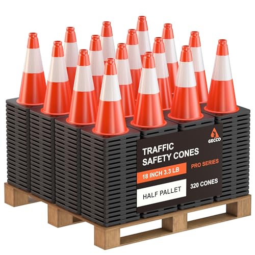 Image of GECCO (320 Cones per Pallet) 18 Inch 3.3 Lb Small Orange Traffic Cones in Bulk | Wholesale Safety Cones, Orange Cones, Parking Cones, Construction Cones | PVC Plastic & Black Base - [PRO Series]