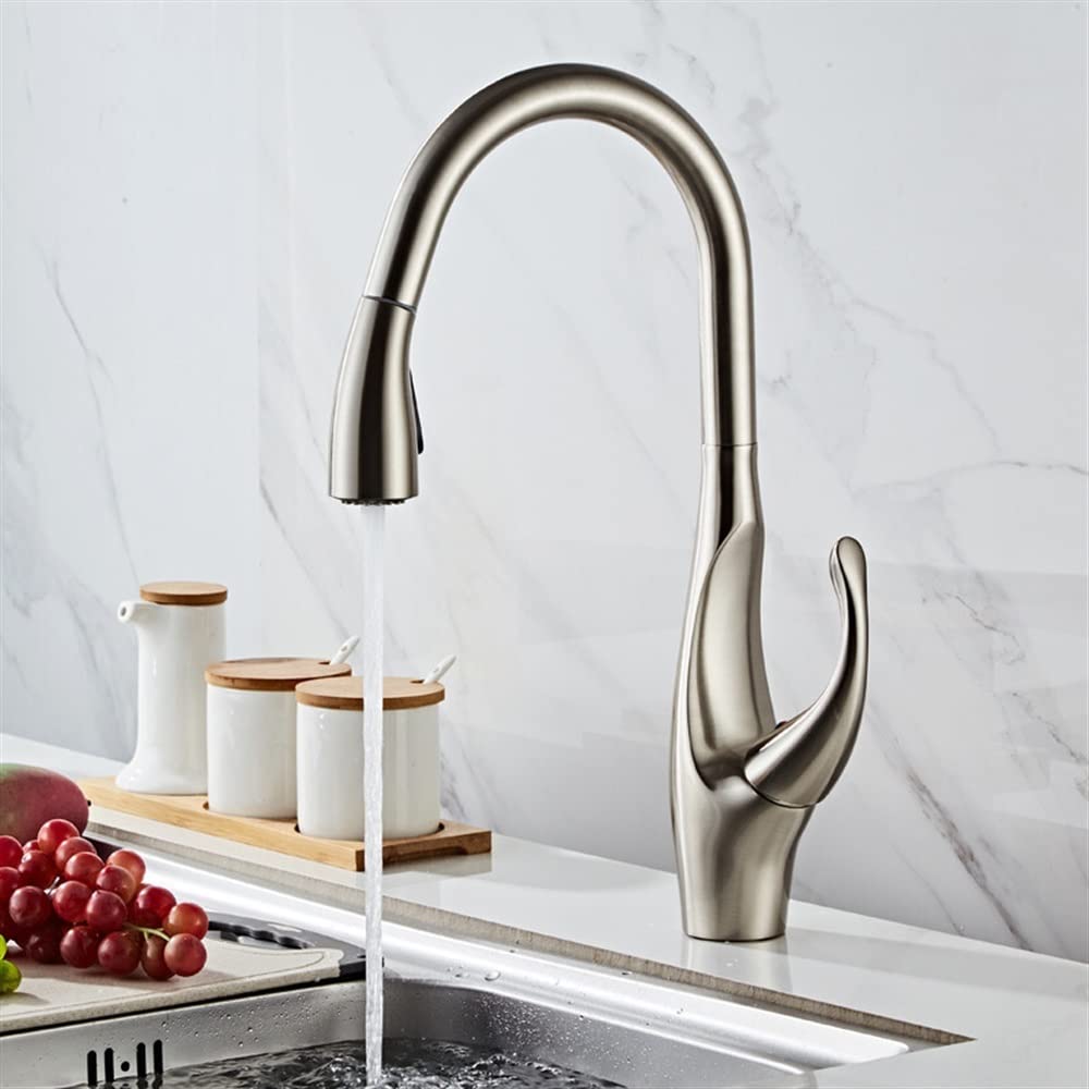 SnamicE Kitchen Tap Mixer Copper Kitchen Sink Faucets, Hot & Cold Soild Brass Mixer Taps, Pull Out Single Handle Deck Mounted Rotating Faucet,Nickel