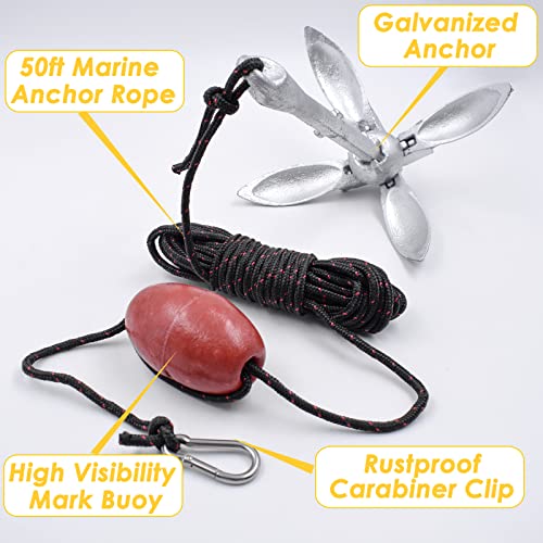 Acelane Kayak Anchor 3.5Lb Folding Grapnel Anchor Kit With 50Ft Marine Anchor Line & Buoy For Kayak Fishing, Canoes, Jet Ski, Sup Board And Small Boat #TOP1