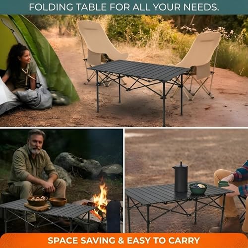 Image of Kraptick Portable Metal Folding Camping Table with Roll-Up Tabletop Lightweight Outdoor Long Table with Carry Bag Compact & Durable Folding Table for Camping, Picnic, Beach & Travel Use (Black)