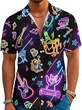 REVENEVER Funny Hawaiian Shirts for Men Short Sleeve Button Down Casual Shirts Summer Neon DJ Cat Guitar Pattern Print Glow Party Shirt