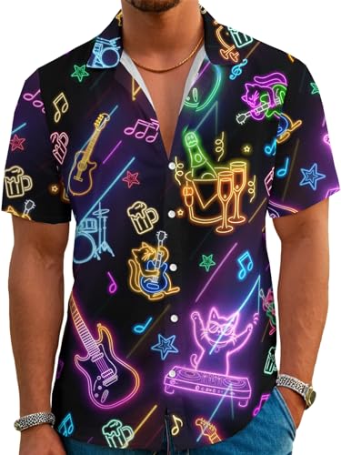 REVENEVER Funny Hawaiian Shirts for Men Short Sleeve Button Down Casual Shirts Summer Neon DJ Cat Guitar Pattern Print Glow Party Shirt