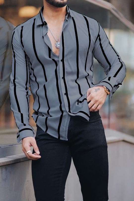 Image of MiraMichi Men's Striped Slim Fit Lycra Shirt | Full Sleeve Stretchable Shirt | Trendy Black and White Vertical Stripes for Casual