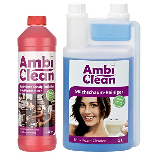 AmbiClean Juego de limpieza para cafeteras – 750 ml descalcificador líquido y 1 L limpiador de espuma de leche universal para muchas máquinas