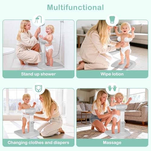 Image of Baby Shower Standing Support with Anti-Slip Base and Shower Head Holder, Adjustable Height /Width Baby Bath Stand, Easy to Install and Use Toddler Stand Up Shower Rack for 6-36 Months, Gray
