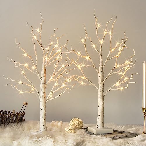 Vanthylit Easter Tree, White Birch Tree with LED Lights - Set of 2, Warm White Tree Lights Battery Powered Timer, Easter Decorations Lighted Tree for Indoor Mantel Home Decor (2FT, 24LED)