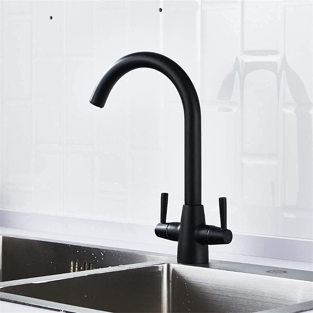 MXXQRHF Kitchen Faucets Brass Material Double Handle Kitchen Sink Tap with Aerator Kitchen Crane Mixer 360 Swivel Deck Mounted Kitchen Faucets Torneira,Black (Black)