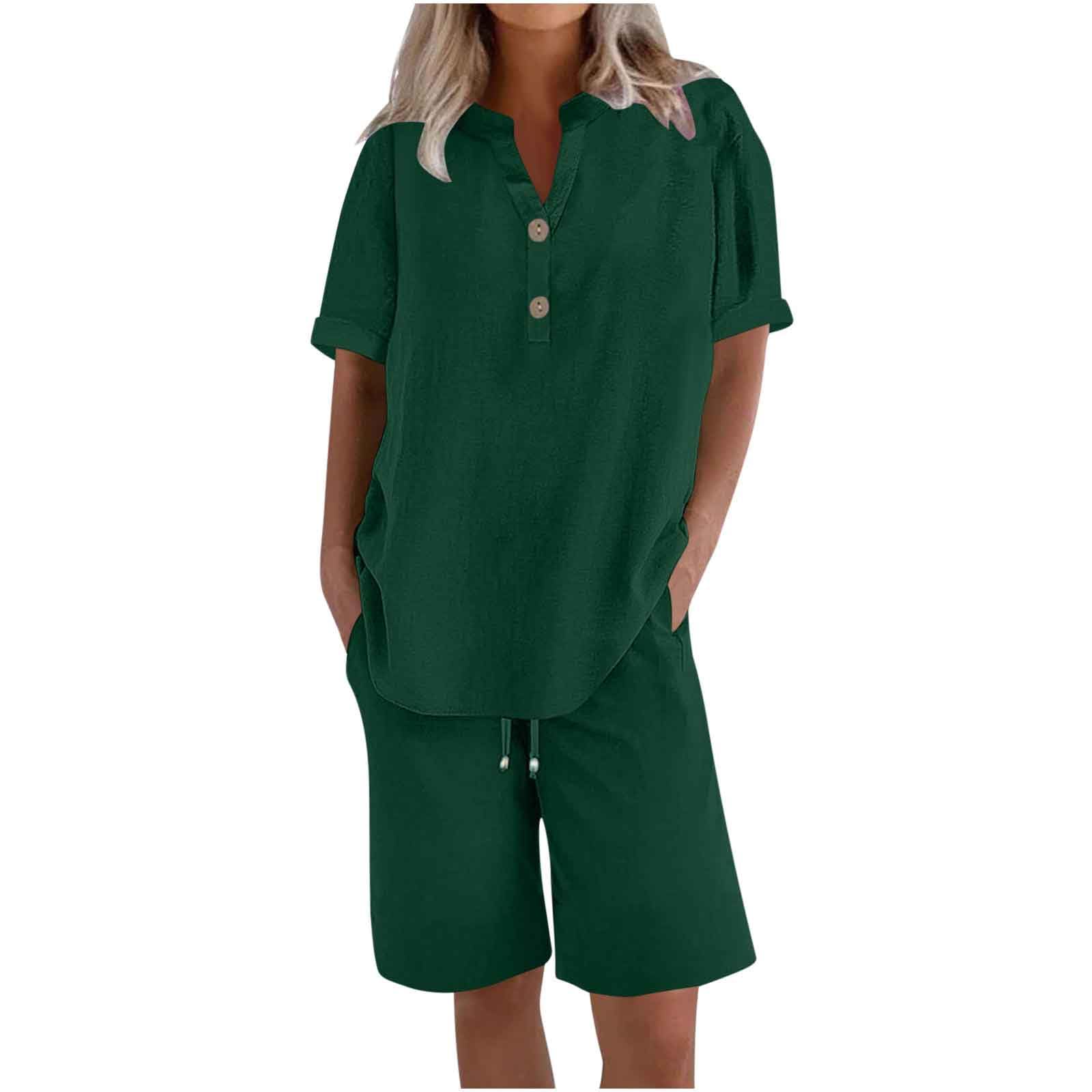 HAOLEI Tute Estive Donna Cerimonia Completo Donna 2 Pezzi in Lino e Cotone Set Camicia Allentato con Bottoni Pantaloncini Corti a Vita Alta Eslatica Estivi Casual Spiaggia Lavoro Vacanza