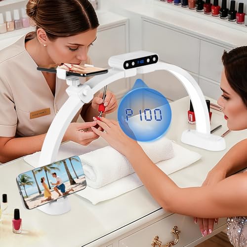KIRKAS 24inch Large Half Moon Light for Nail Tech 456 LEDs 3 Color Modes Infinitely Knob Arch Nail Light with Screen and Phone Holder Charging Function Foldable Lighted Lamp for Manicure Craft-White