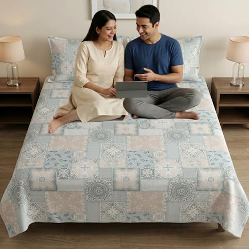 Image of Mafatlal 186 TC Metro Cotton Double Bed Bedsheet | 90x100 Inch|Soft, Breathable & Lightweight | Includes 2 Pillow Covers| Cool Fire 1
