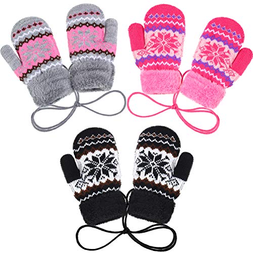 3 Pairs Kid Warm Snowflake Mittens Fleece Lining Knit Thicken Gloves with String (Gray, Rose Red and Brown)