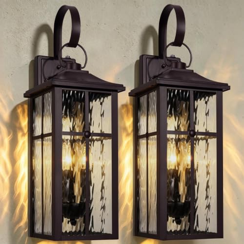Image of 2 Pack Dusk to Dawn Outdoor Wall Lights, 23.9 inch Brown | Waterproof Exterior Lantern with Water Ripple Glass, Modern Wall Light Fixture Mounted, Large Outside Light for Garage Patio