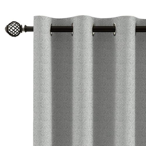 Image of LINENWALAS 100% Blackout Curtains for Door - Set 2 Panels Linen Texture with Geometric Floral Pattern Complete Light Blocking with Thermal Insulated, Nose Reducing Backing (Timberwolf Grey, 7FT)