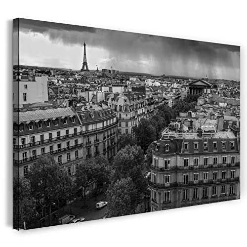 Printistico Impression sur toile (60x40 cm) Paris, Tour Eiffel France ville, noir et blanc, photo d'architecture, cadre en bois véritable avec crochet,