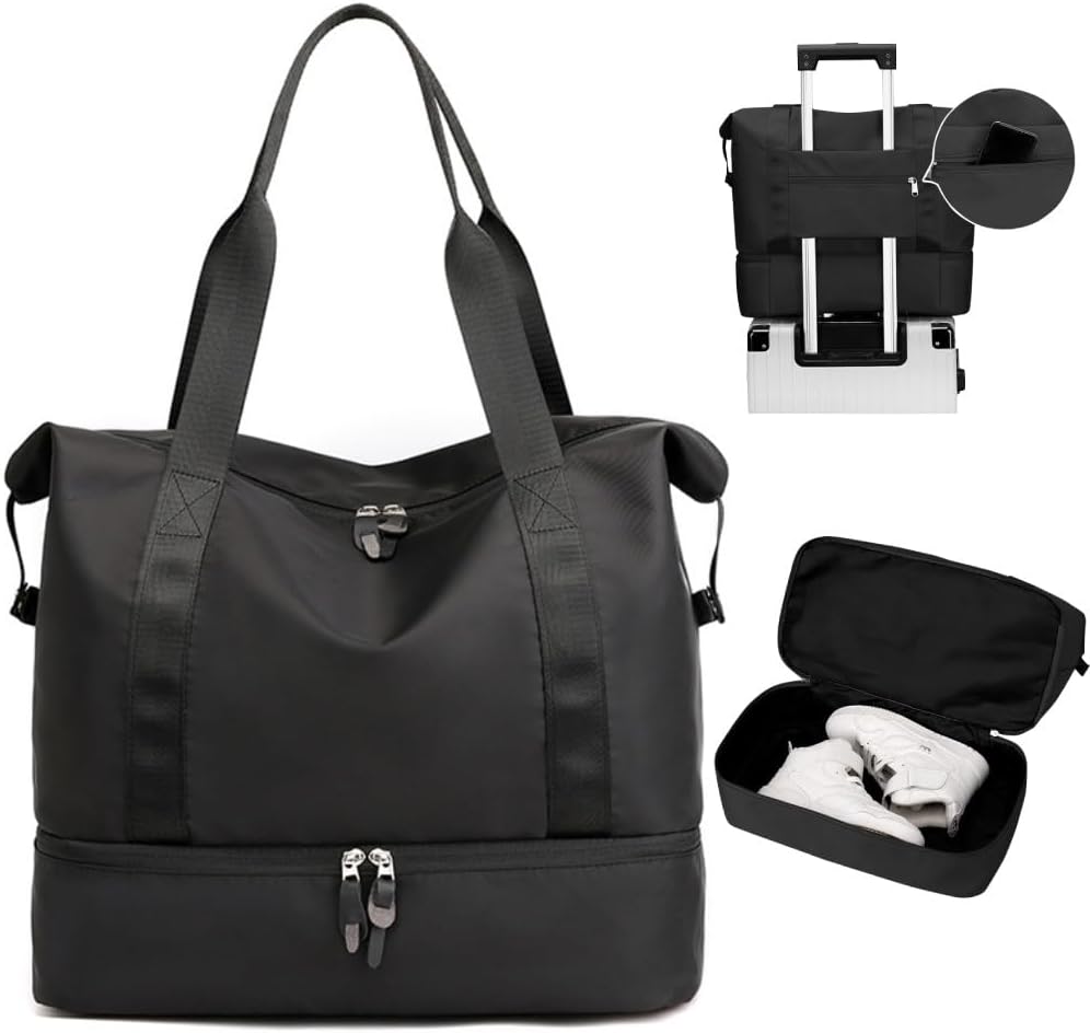 Japard Gym Bag Small for Men & Women, Travel Tote Bag with Shoes Compartment, Wet Pocket, Weekender Overnight Duffel Bag, Carry On Bag, Travel, Gym (Black)