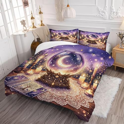 Image of Mystical Crystal Ball Bedding Set King Size, 3 Piece Soft Microfiber Comforter Set with Tarot and Moon Print, Includes 1 Comforter 2 Pillowcases for Witchy Bedroom Decor