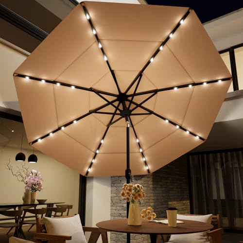 HOMPUS 9FT 3 Tiers Solar LED Patio Umbrella for Outside, Outdoor Market Umbrella with Push Button Tilt, Sun Umbrella Aluminum Patio Umbrella with 32 LEDs for Backyard, Deck, Garden, Khaki