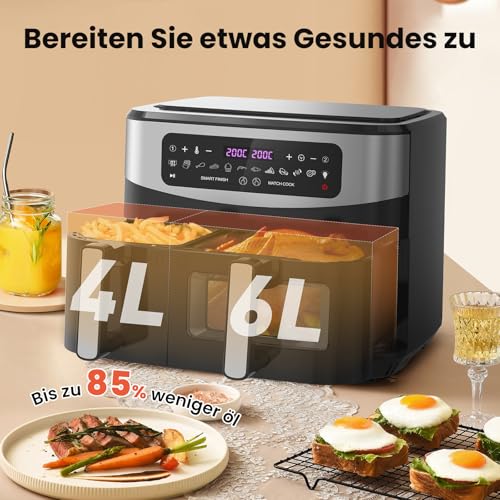 Gidgimo Heissluftfritteuse Doppelkammer, Max 230°C 10L xxl Air Fryer, 12-in-1 Programme Heißluftfritteuse 2 Kammern mit Touchscreen, Smart&Match Funktion, Gesunde Friteuse ohne Öl&fettarmes Kochen – Bild 7