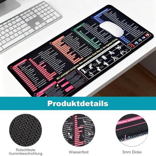 Excel Schreibtischunterlage Deutsch, 80×30×0,3 cm Excel Mauspad, Mauspads mit Excel Befehlen auf Deutsch, Mauspad mit Excel, Word, PPT und Windows Shortcuts für Büro und Zuhause