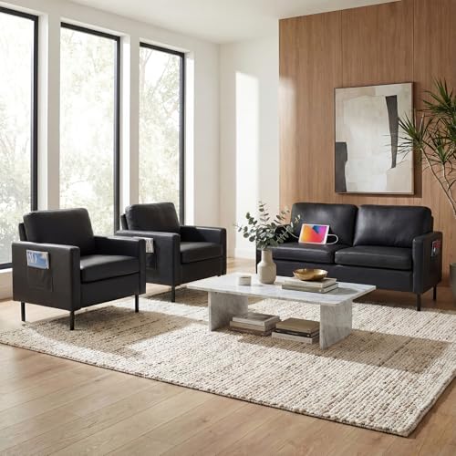 Image of Modern 3 Piece Faux Leather Couch and Chair Set, 56 Inch, USB Ports, Office