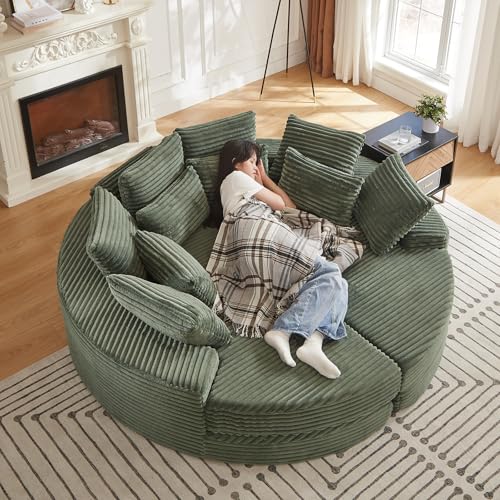 Image of 78'' Oversized Round Sleeper Sofa Bed, Convertible Circle Chaise Lounge Chair Indoor, Modern Fluffy Plush Corduroy Cloud Boneless Couch, Assembly Free, Comfy Bean Bag for Living Room, Green