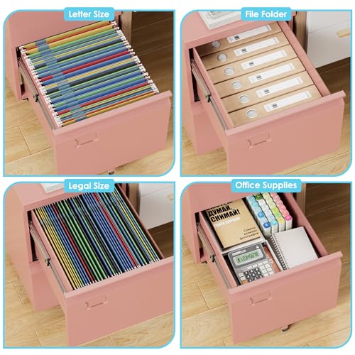 Image of Aobabo Rolling File Cabinet with Lock,2 Drawer Metal Filing Cabinet for Home Office & Under Desk, Heavy-Duty Mobile Storage with 5 Wheels (Anti-Tilt), Fits Letter /Legal,Pink,Required Assembly