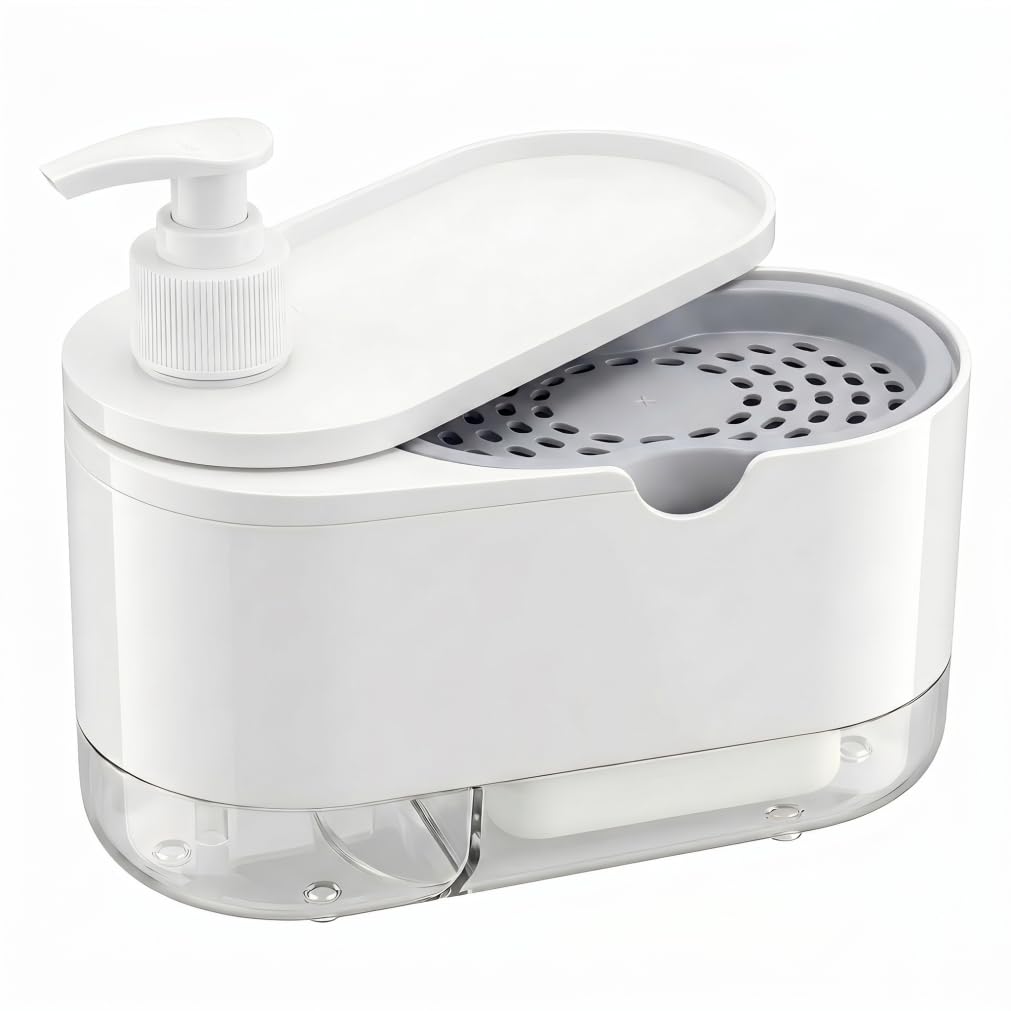 Tsawntd Dish Soap Dispenser with Sponge Holder, 2-In1 Kitchen Soap Dispenser Set for Cleaning & Storage, 7x4in, White Dish and Sponge Holder with
