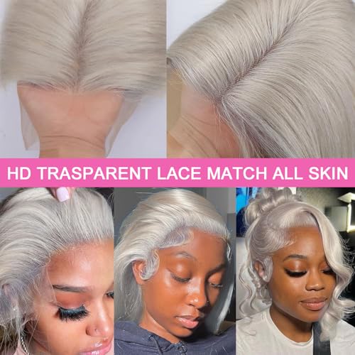 Image of 24 Inch Grey Lace Front Wigs Human Hair 13x4 HD Transparent Body Wave Human Hair Lace Front Wigs 180 Density Pre Plucked Grey Colored Glueless Hair Wig for Women with Baby Hair