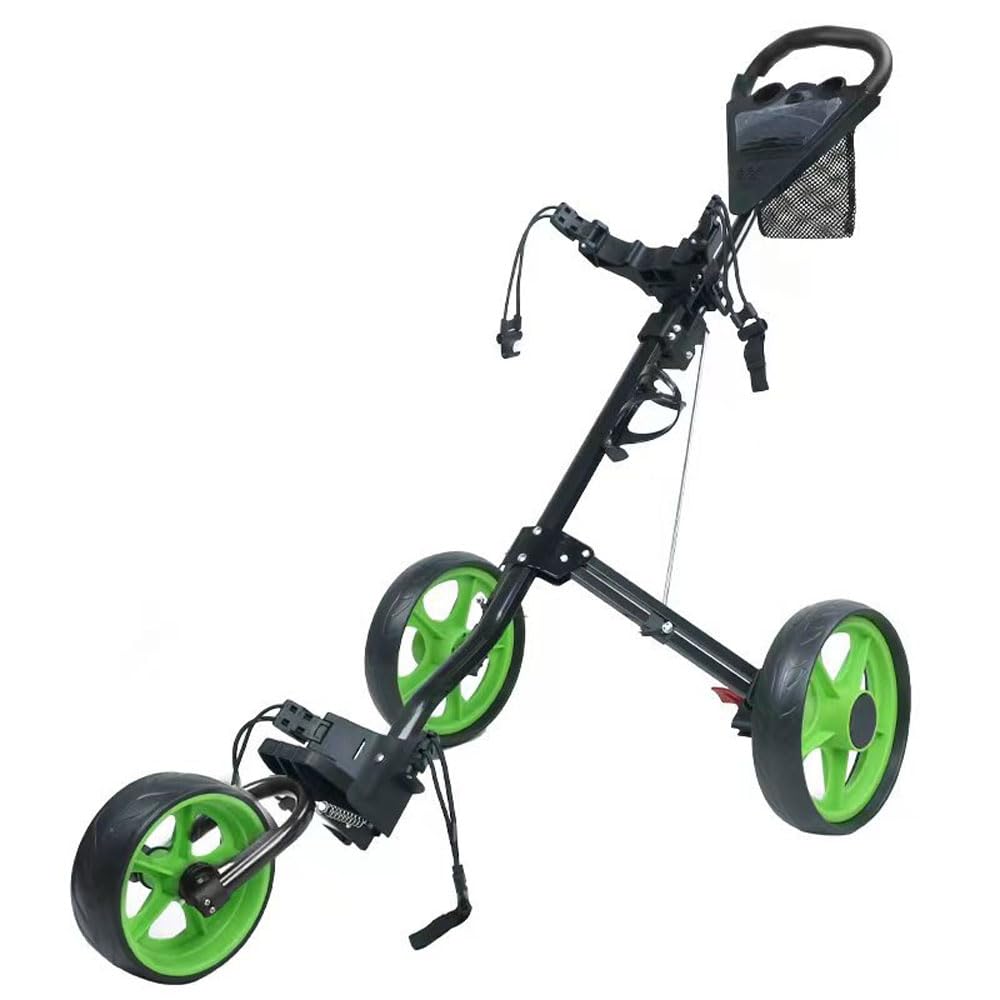 Golftrolley Klappbar, Golfwagen, Golftrolley mit Fußbremse, Getränkehalter, Höhenverstellbarem Griff und Aufbewahrungstasche, Ideal für Golf und Outdoor Aktivitäten,Green