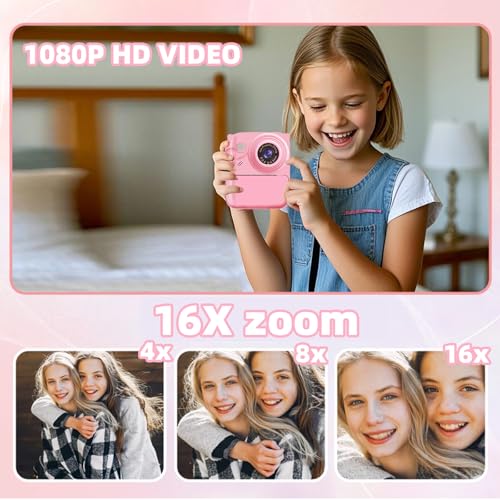 Image of Instant Print Camera for Kids, 1080P Video Camera with 3 Print Rolls | 32GB Card & Cute Cover, Gift for Girls Boys Age 3-12, Toddler Digital Camera with Games, Filters, Music - Pink