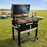 Bonarca バーベキューグリル 大型 カバー バーベキューコンロ 蓋付き 屋外 アウトドア キャンプ BBQ 折りたたみ テーブル 付き 蓋 フタ ふた 網 ビッグ ポータブル 【蓋カバー/炭入れドア/調味料置きテーブル/移動キャスター】 大人数 5～20人用 幅 114cm 高さ 98cm