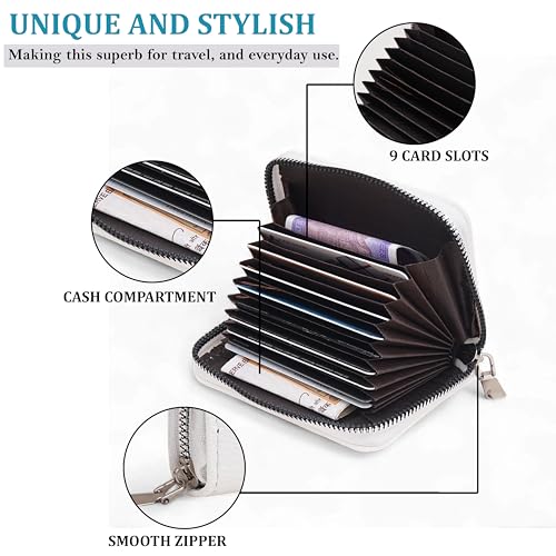 Image of 9 Slot RFID Genuine Leather Credit Debit Card Holder Wallet Money Zipper Coin Purse for Men & Women (White)