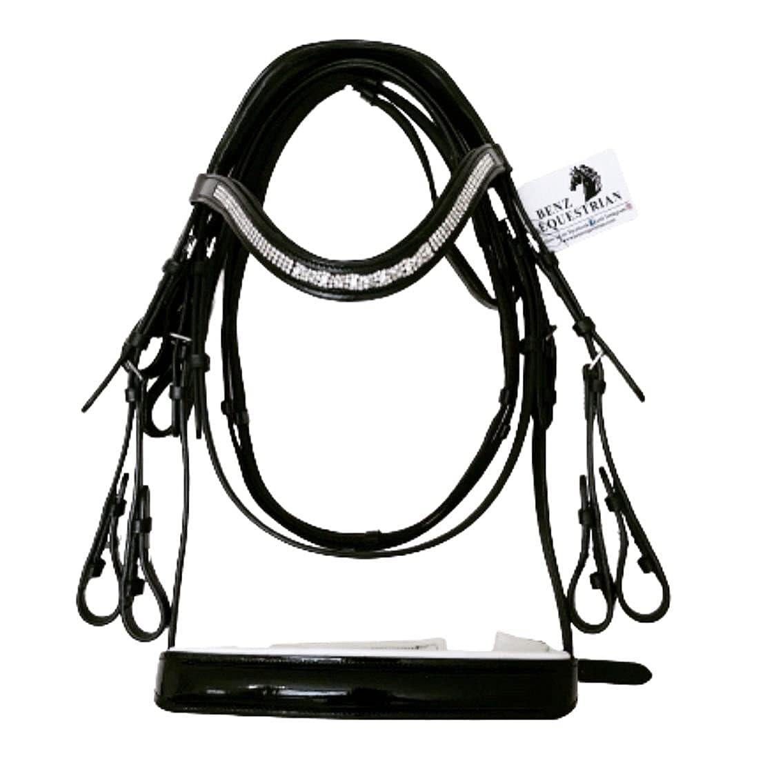 BENZ EQUESTRIAN Black Patent Double Bridle with Crystal Browband and Noseband Padded Comfort Leather in Pony/Small Size for Dressage
