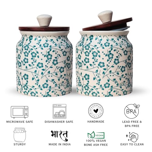 Image of Vistas 'Heritage Green' Airtight 420ml Set of 1 Ceramic Jar for Kitchen Storage | Handcrafted Ceramic Barni with Wooden Lid | Multipurpose Pickle, Spice & Salt Container