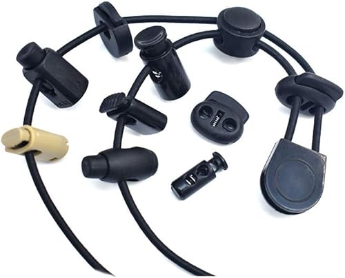 Miniatura 5 de 20 cerraduras de plástico con cordón elástico de 1/8 de pulgada y 50 pies, 10 agujeros cantantes, 10 tapones de palanca de resorte de doble negro