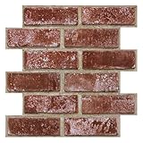 SMOOSTIKC 3D Peel and Stick Faux Brick Wall Panels 11.8' x 11.8' 10-Pack, Small Brick-Look Wall Sticker, Thin Lightweight PVC Self Adhesive Wall Tiles for Interior Decor, Red Orange