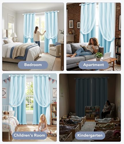 Image of 100% Blackout Curtains with Sheer Overlay, Blue, 52 x 96 inch, 2 Panels