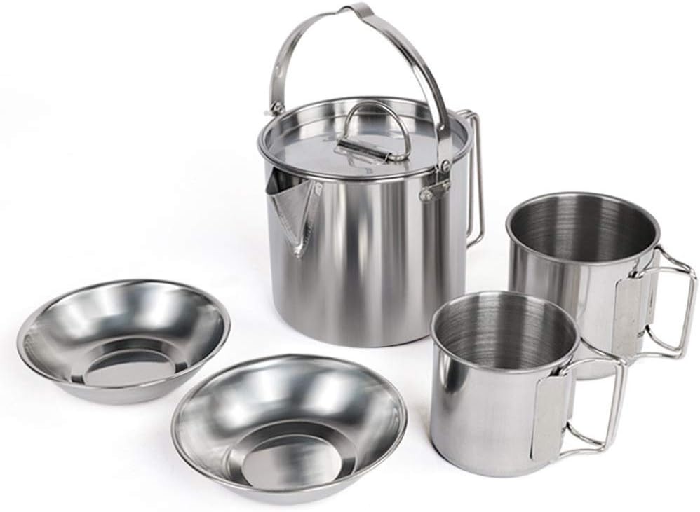 5-Piece Set of Outdoor Stainless Steel Kettle Folding Hanging Pot Camping Cookware Supplies