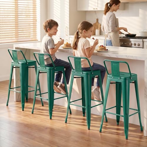 Butacos metálicos Shahoo de 30 pulgadas con respaldo, apilables, para barra y mostrador, estilo industrial, para interior y exterior, juego de 4 (verde) miniatura 2