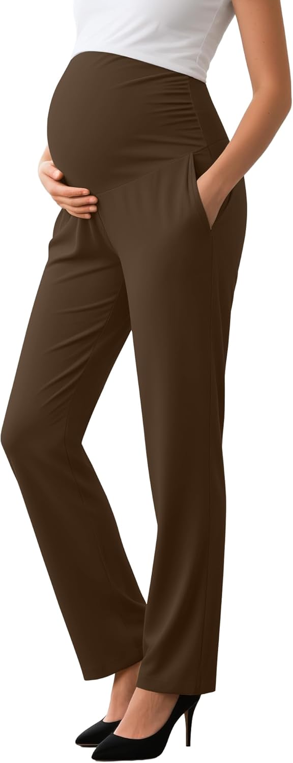 Sweetyweee Women's Maternity Pants Over The Belly Pregnancy Clothes for Work Stretchy Straight Dress Pants with Pockets