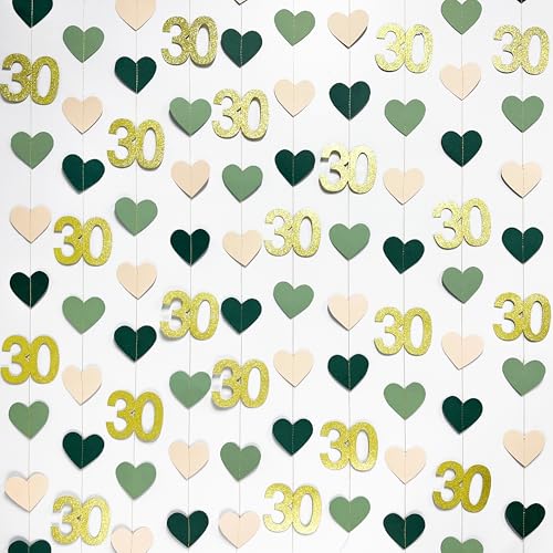 Image of Sage Green Gold 30th Birthday Decorations Sage Green Gold Heart Garland Streamer Banner Backdrop for Women Happy 30th Birthday Dirty Thirty Cheers to 30 Years Old Fabulous Anniversary Party Supplies