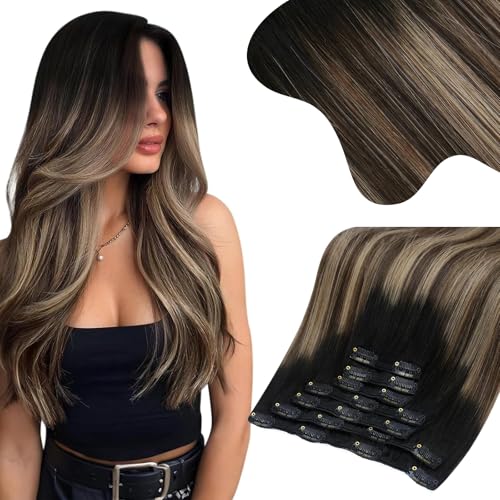 Image of Moresoo Clip in Hair Extensions Remy Double Weft Human Hair Clip in Extensions Straight Balayage Hair Extensions for Women Ombre Black Mixed with Silver Grey 7pcs 150g 22inch