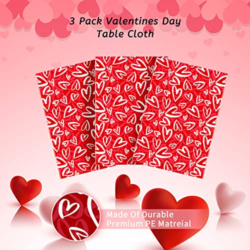Image of 3 Pcs Valentines Tablecloth-Heart Love Valentine's Table Cover, Disposable Plastic Rectangle Heart Table Cloth for Valentine's Day, Wedding, Engagement Anniversary, Birthday Party, 54x108 inch